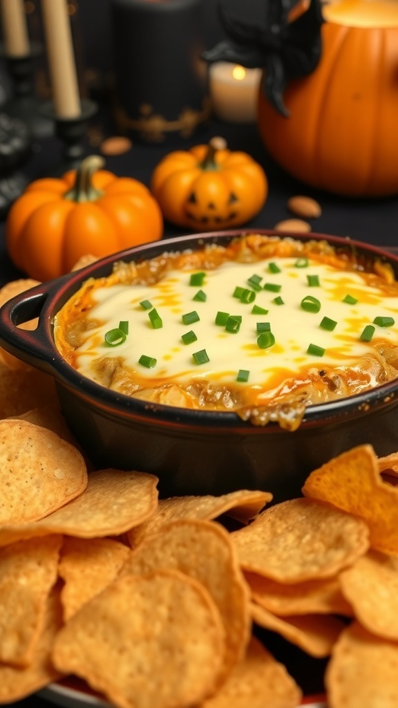 A cheesy onion zombie dip in a baking dish, garnished with chives, surrounded by tortilla chips on a Halloween-themed table.